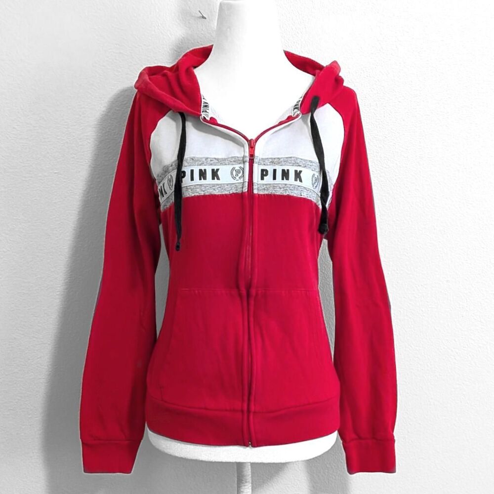Victoria's Secret PINK Red & White Colorblock Loungewerar Zip-Up Hoodie | Size M